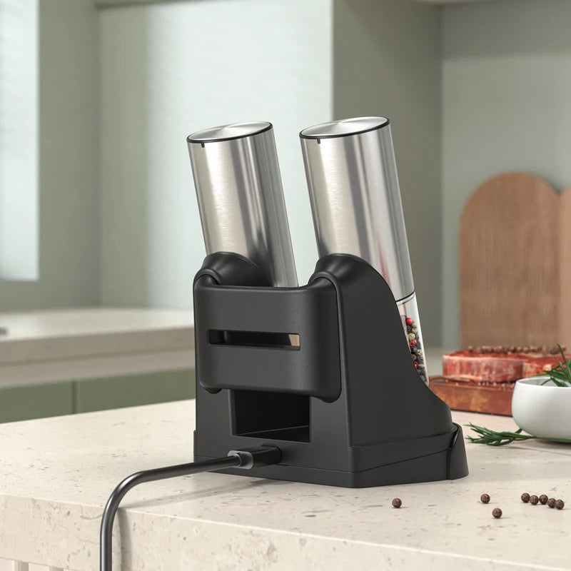 Electric Salt Pepper Grinder Set with Base USB Rechargeable Adjustable Coarseness Automatic Spice Grinders Cooking Accessories