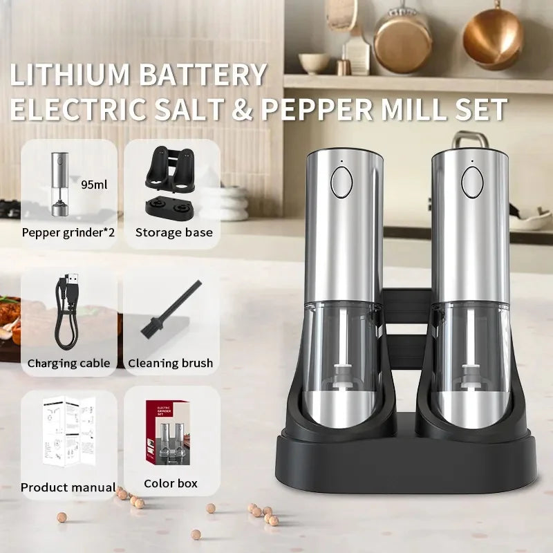 Electric Salt Pepper Grinder Set with Base USB Rechargeable Adjustable Coarseness Automatic Spice Grinders Cooking Accessories