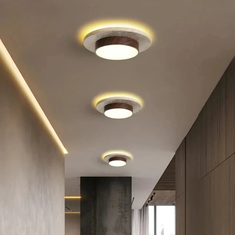Stone Ceiling Lamp round Ceiling Lights D22Cm Led28W Wabi Sabi Retro Walnut/Wood for Balcony Corridors Living Room Indoor Lights