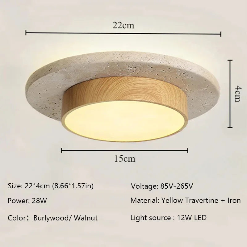 Stone Ceiling Lamp round Ceiling Lights D22Cm Led28W Wabi Sabi Retro Walnut/Wood for Balcony Corridors Living Room Indoor Lights