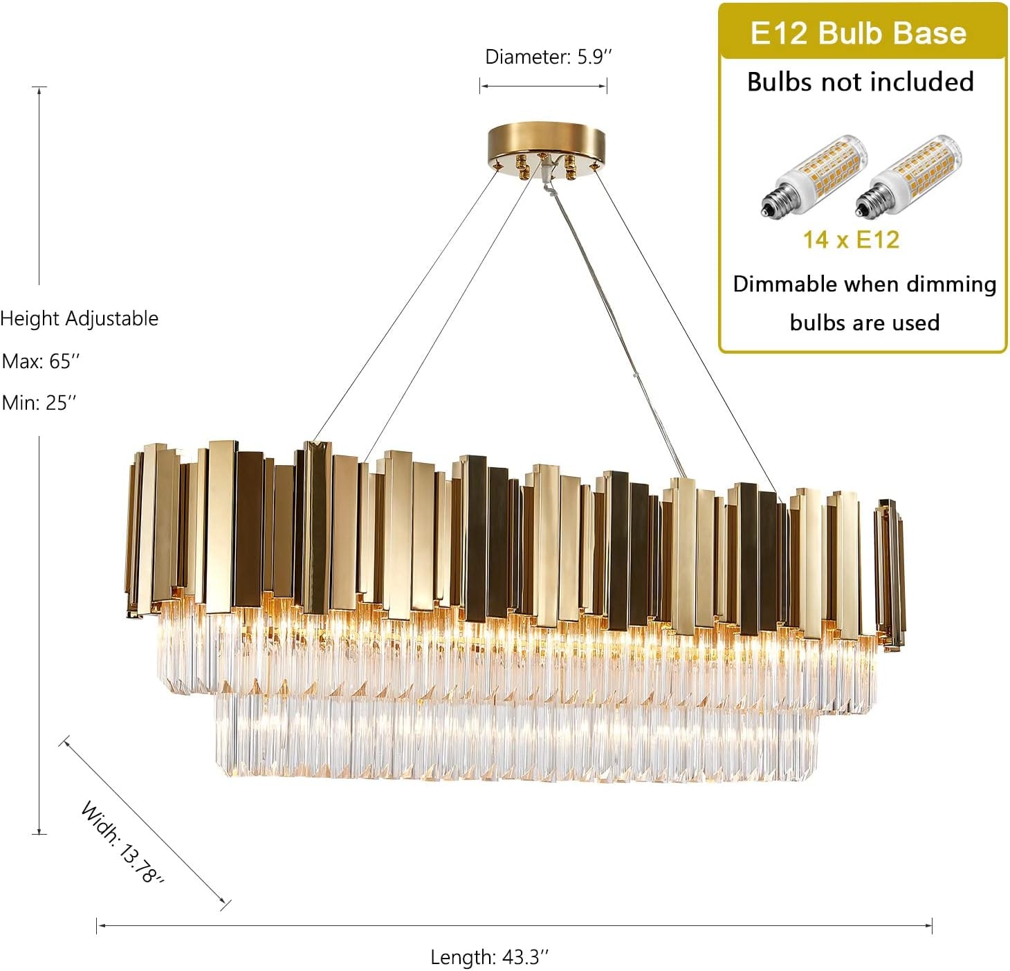 Luxury Crystal Chandelier Contemporary, L43.3 X W13.78 Dining Room Lighting Fixtures, Modern Crystal Chandelier Lights, Living Room Chandeliers for Kitchen Island Living Room, Gold