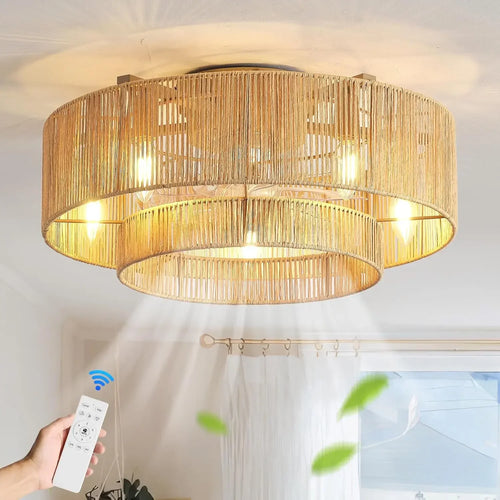 20 Inch Boho Caged Ceiling Fans with Lights Flush Mount, Layered Rattan Ceiling Fan with Light Remote Control with Reversible 6