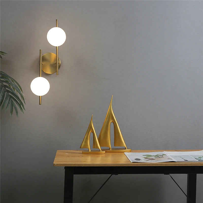 Modern Led Wall Lamps Indoor Golden Wall Lights with Milky Glass round Ball Bedside Wall Lights Double G9 Bulbs with Light Bulb