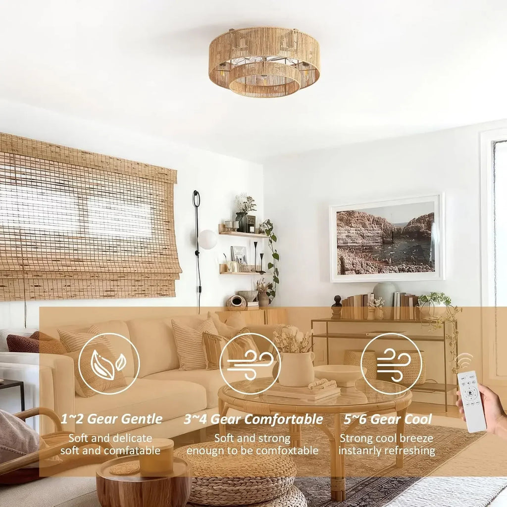 20 Inch Boho Caged Ceiling Fans with Lights Flush Mount, Layered Rattan Ceiling Fan with Light Remote Control with Reversible 6