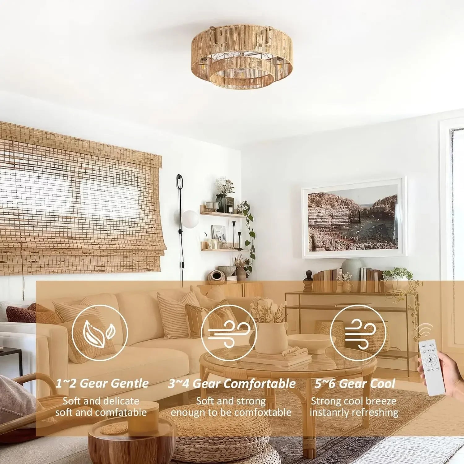 20 Inch Boho Caged Ceiling Fans with Lights Flush Mount, Layered Rattan Ceiling Fan with Light Remote Control with Reversible 6
