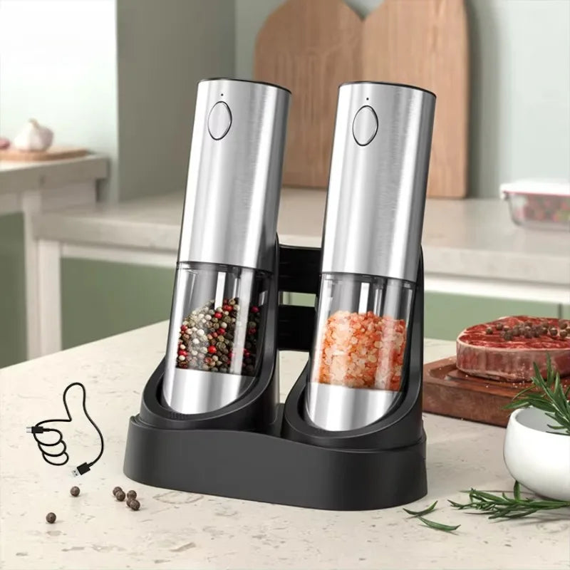 Electric Salt Pepper Grinder Set with Base USB Rechargeable Adjustable Coarseness Automatic Spice Grinders Cooking Accessories