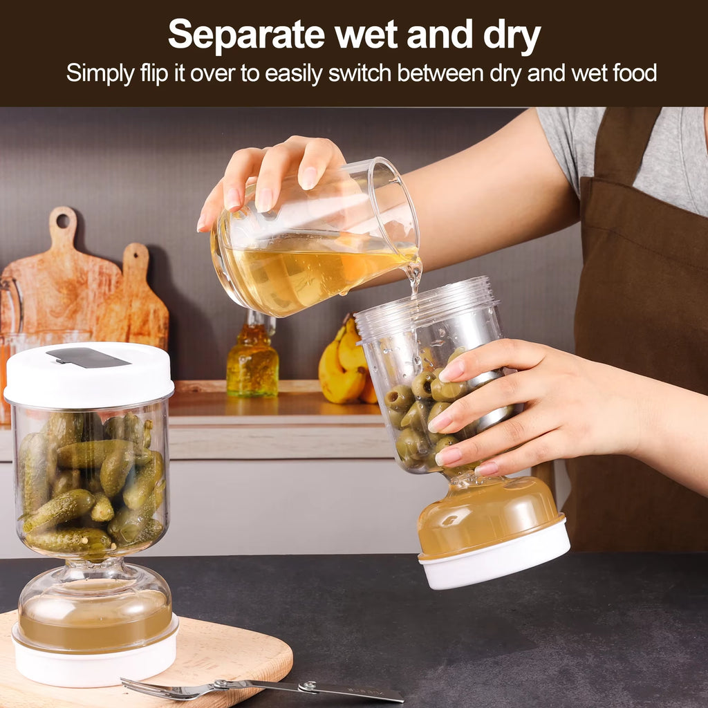 New Olive and Pickle Strainer Jar, Olive Container Hourglass Jar with Strainer Flip Pickle Container for Airtight Food Storage