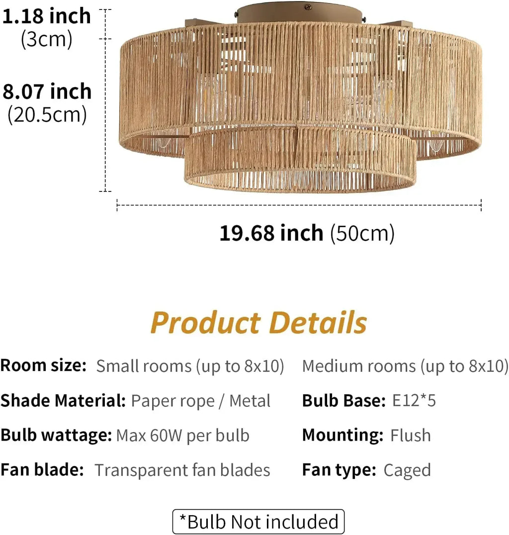 20 Inch Boho Caged Ceiling Fans with Lights Flush Mount, Layered Rattan Ceiling Fan with Light Remote Control with Reversible 6