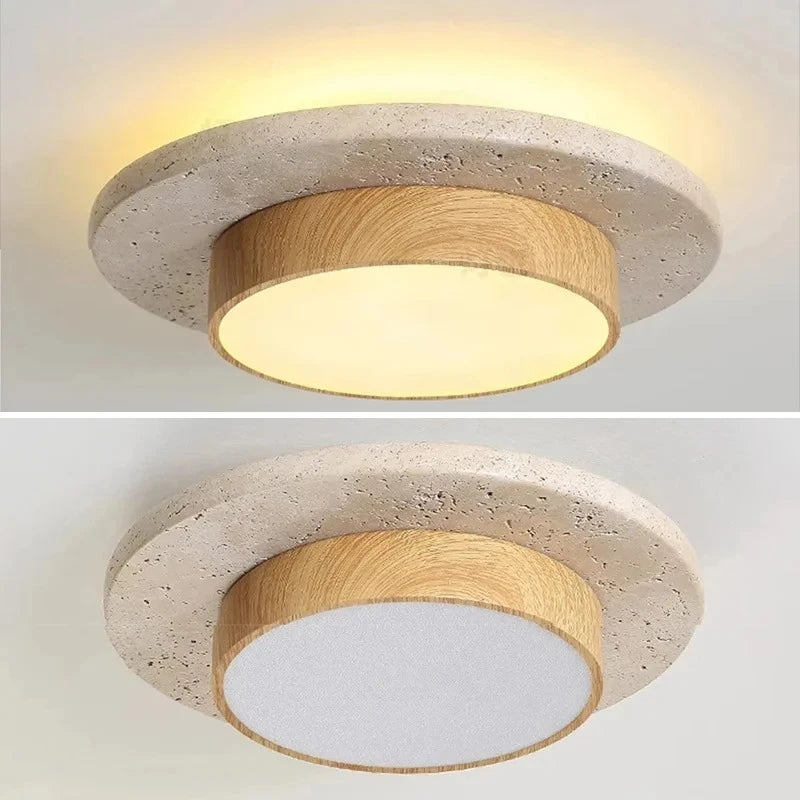 Stone Ceiling Lamp round Ceiling Lights D22Cm Led28W Wabi Sabi Retro Walnut/Wood for Balcony Corridors Living Room Indoor Lights