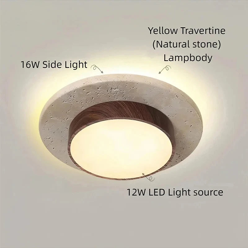 Stone Ceiling Lamp round Ceiling Lights D22Cm Led28W Wabi Sabi Retro Walnut/Wood for Balcony Corridors Living Room Indoor Lights