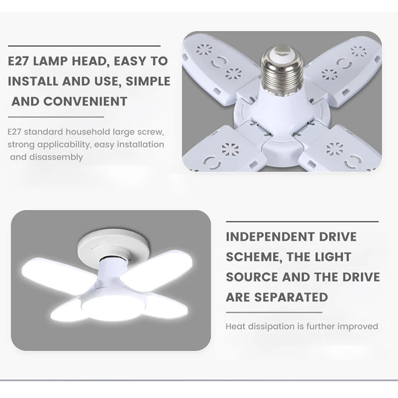 E27 Fan Shape Foldable LED Bulb AC220V/110V Deformation for Home Ceiling Lights Warehouse and Garage White Leaf Light 6500K