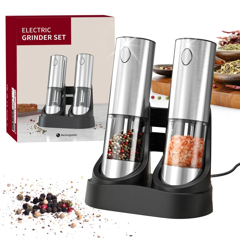 Electric Salt Pepper Grinder Set with Base USB Rechargeable Adjustable Coarseness Automatic Spice Grinders Cooking Accessories