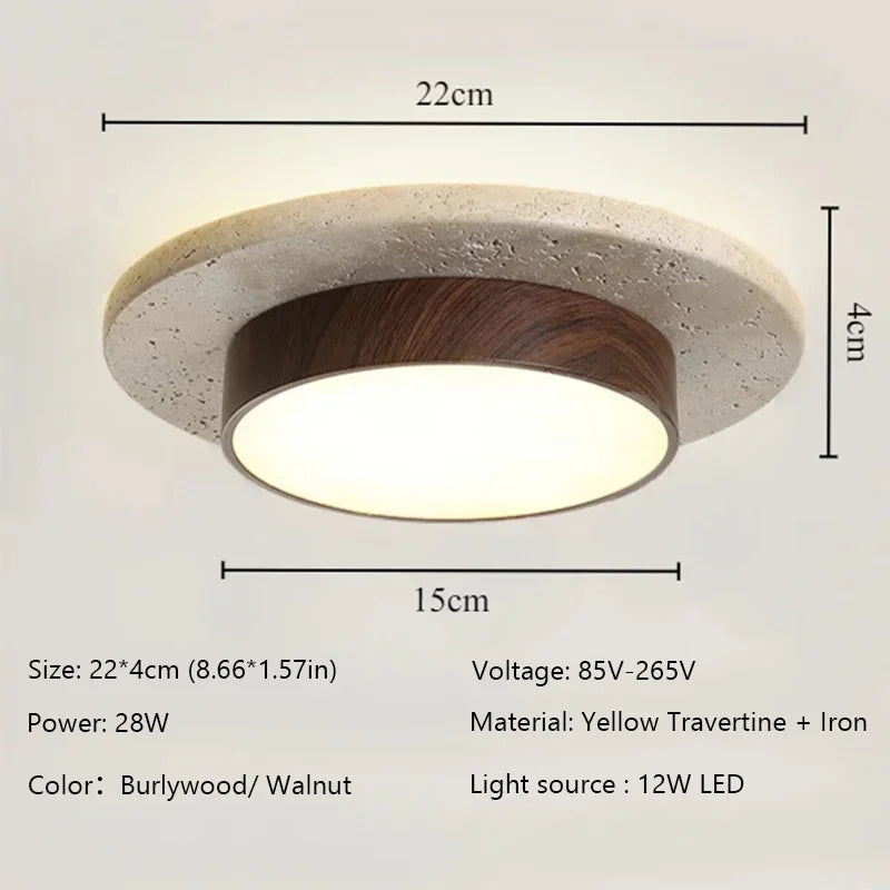 Stone Ceiling Lamp round Ceiling Lights D22Cm Led28W Wabi Sabi Retro Walnut/Wood for Balcony Corridors Living Room Indoor Lights
