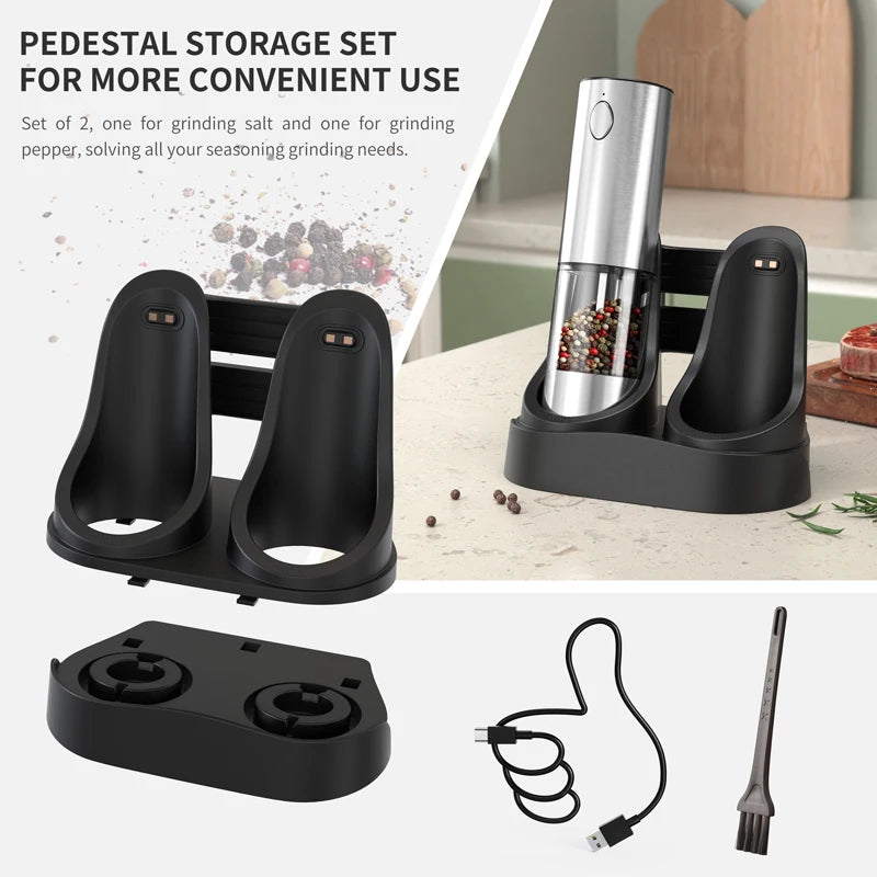 Electric Salt Pepper Grinder Set with Base USB Rechargeable Adjustable Coarseness Automatic Spice Grinders Cooking Accessories