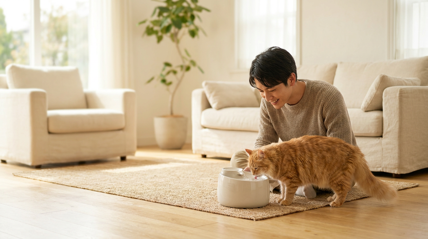 Man with cat at automatic water fountain — Northwell pet
